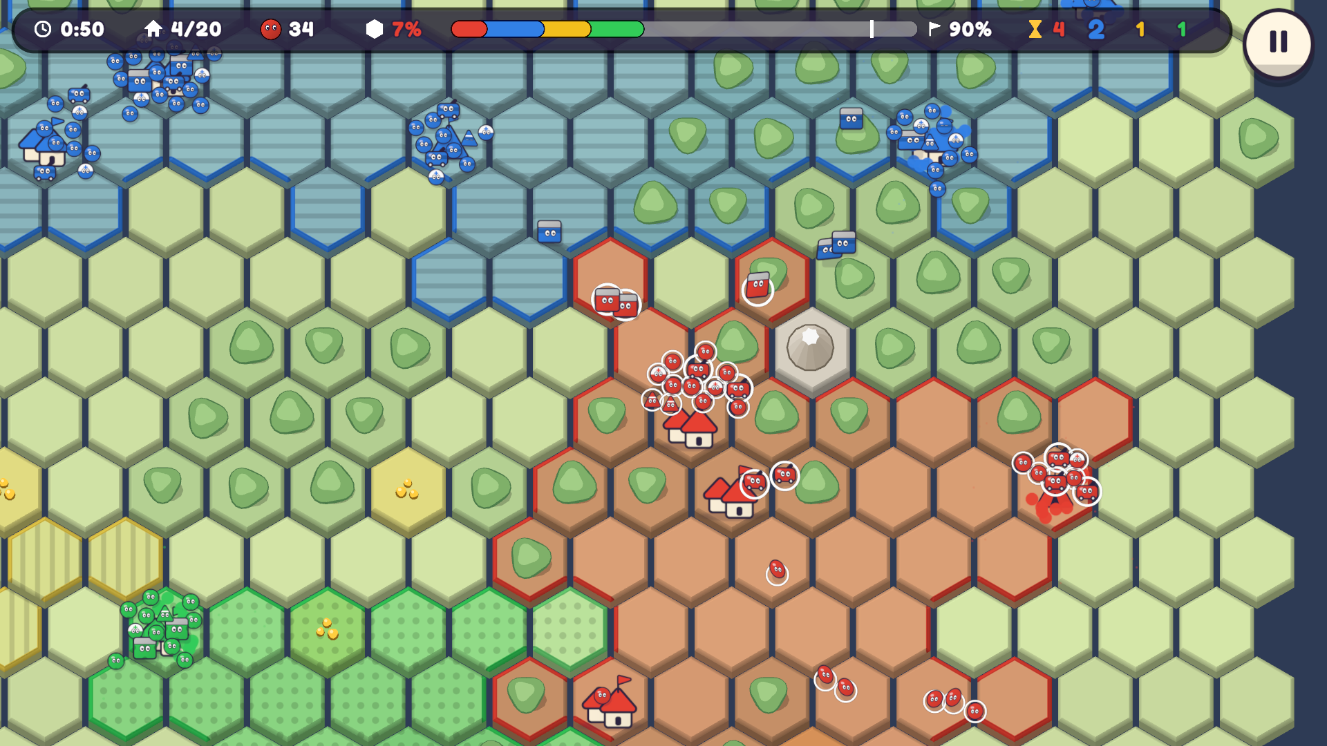 A battle seen close: the player's red dots, selected, fighting a rival's dots beside a city.