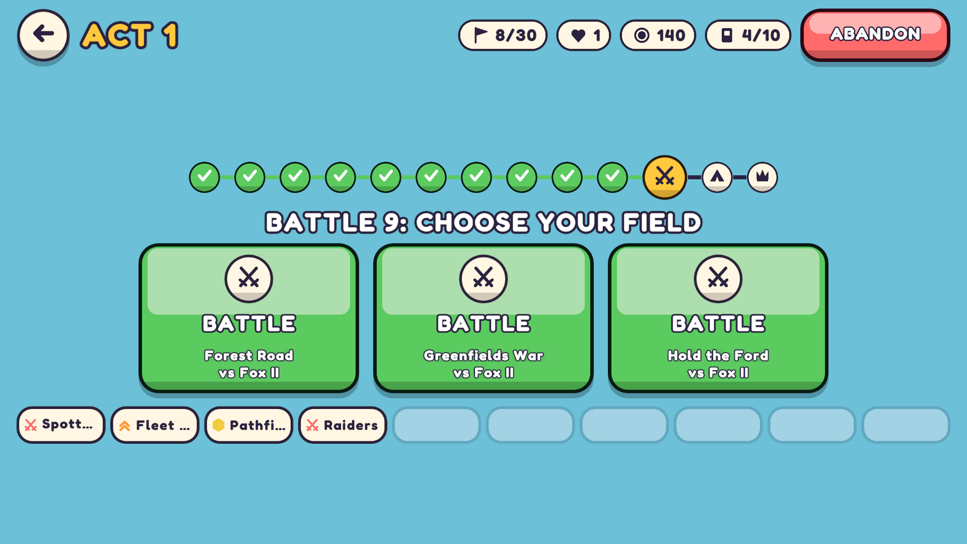 The Gauntlet's route: an act's battles in a row, with the next battle's panel.