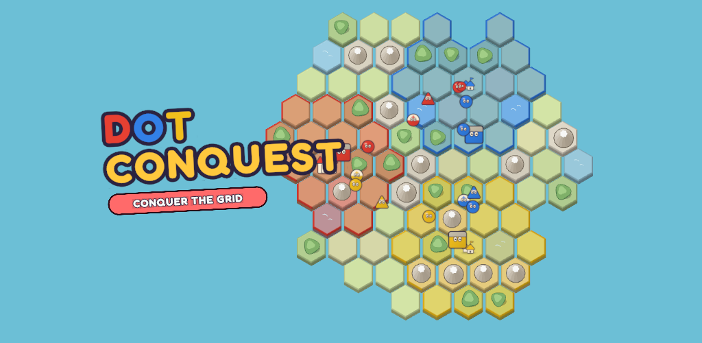 Dot Conquest: the title over an island of hex tiles held by four teams of dots.